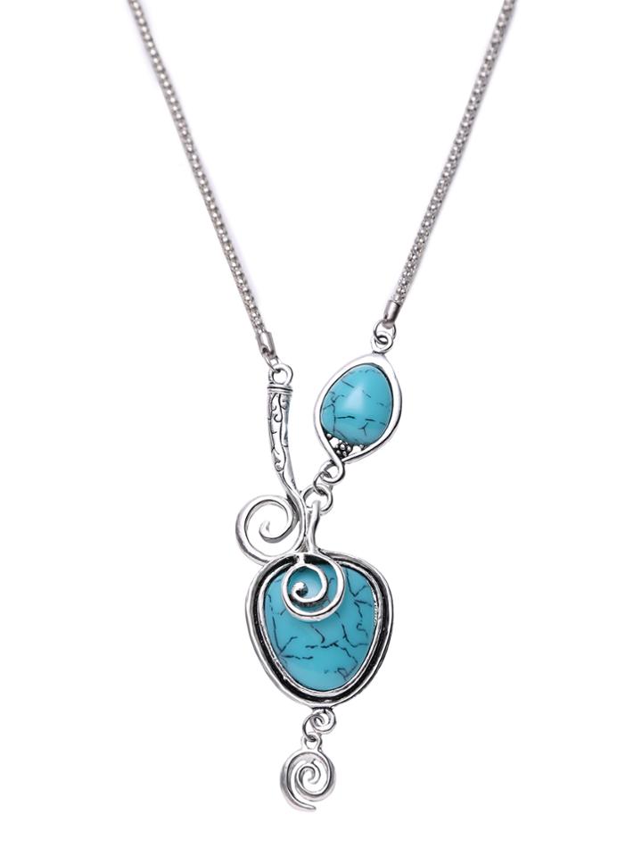 Romwe Silver Plated Turquoise Spiral Design Pendant Necklace