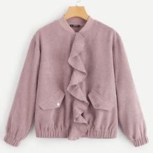 Romwe Ruffle Trim Zip Up Corduroy Jacket