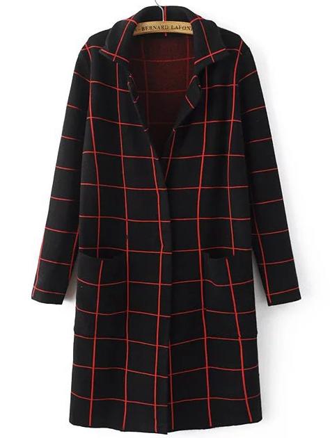 Romwe Black Grid Notch Lapel Hidden Placket Sweater Coat