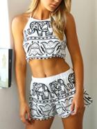 Romwe Halter Crop Top With Elephant Print White Shorts
