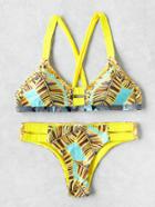 Romwe Ladder Strap Crisscross Tropical Bikini Set