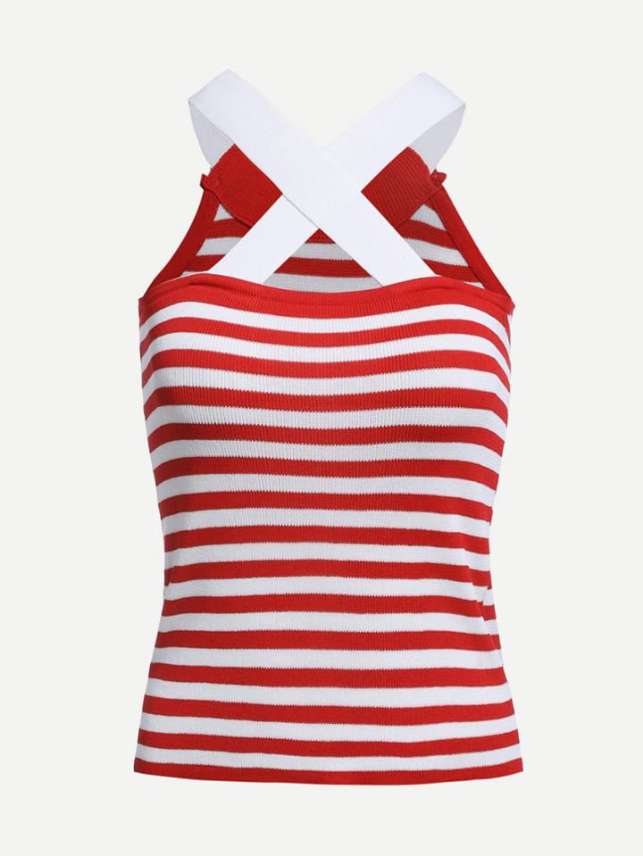 Romwe Striped Criss Cross Knit Top