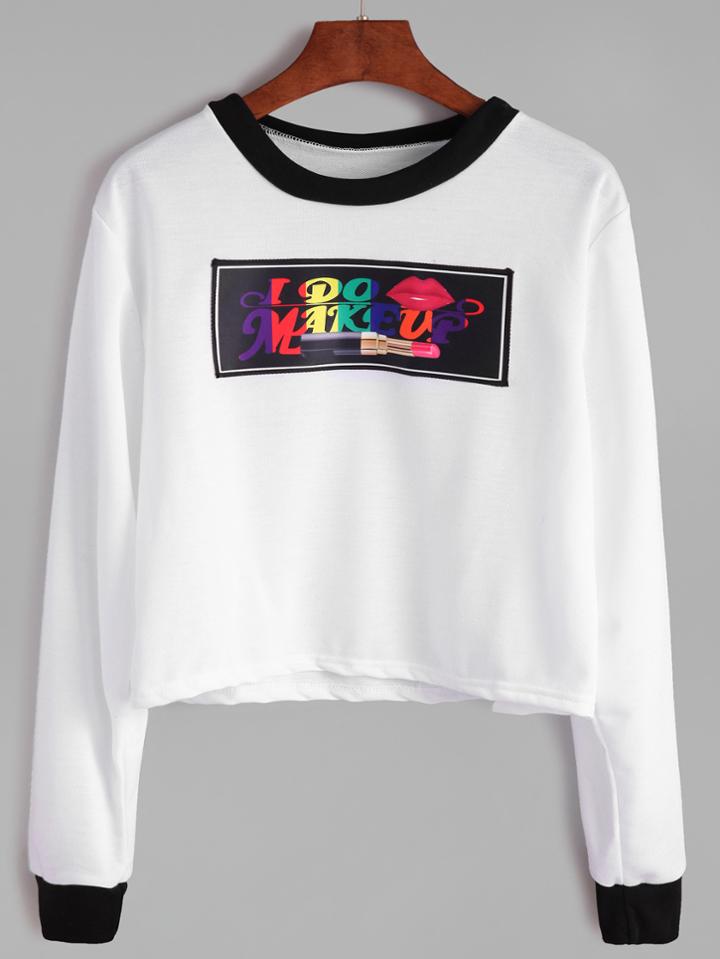 Romwe White Contrast Trim Print Patch Crop Sweatshirt