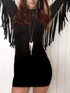 Romwe Long Sleeve Fringes Bodycon Black Dress