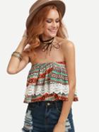 Romwe Strapless Geometric Print Contrast Lace Crop Top