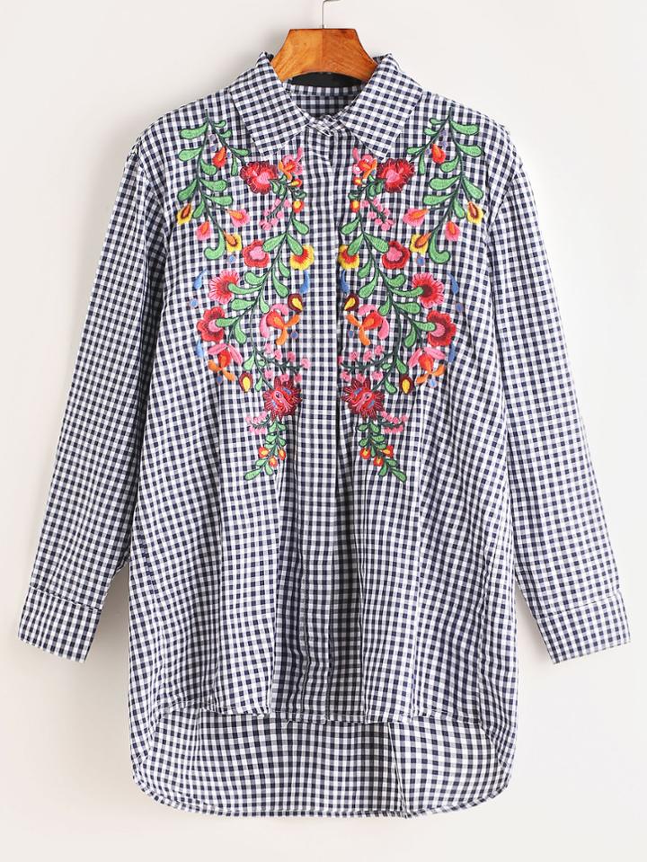 Romwe Embroidered Gingham Dip Hem Shirt