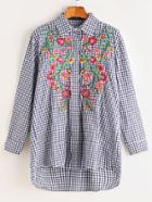 Romwe Embroidered Gingham Dip Hem Shirt