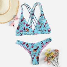 Romwe Random Floral Contrast Lined Top With Cheeky Bikini