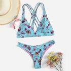 Romwe Random Floral Contrast Lined Top With Cheeky Bikini