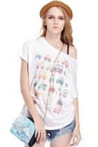 Romwe Cars Printed Batwing Sleeves White T-shirt