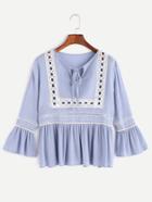 Romwe Tie Neck Bell Sleeve Eyelet Hollow Out Crinkle Blouse