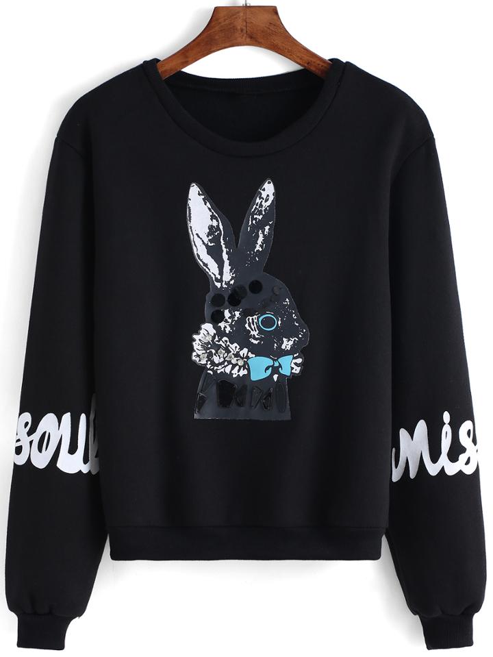 Romwe Round Neck Rabbit Print Black Sweatshirt