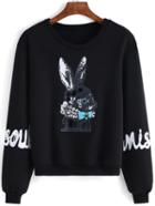 Romwe Round Neck Rabbit Print Black Sweatshirt