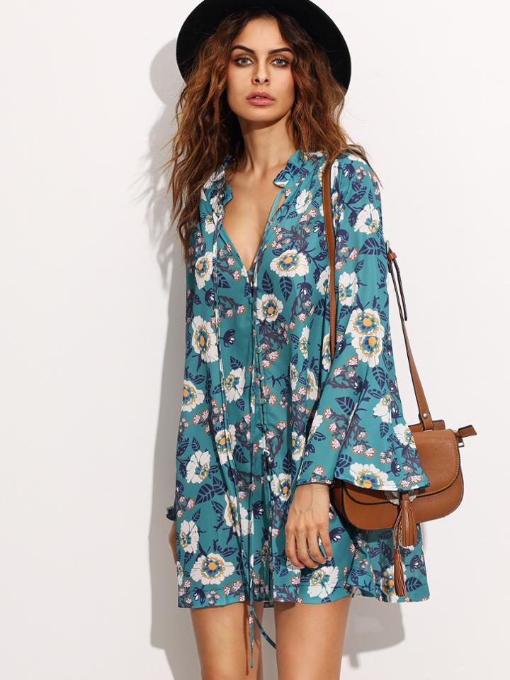 Romwe Green Tie Neck Floral Print Bell Sleeve Dress