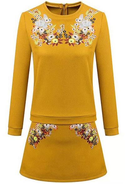 Romwe Yellow Long Sleeve Embroidered Top With Skirt