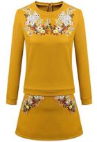 Romwe Yellow Long Sleeve Embroidered Top With Skirt