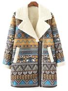 Romwe Colour Lapel Zipper Tribal Print Coat