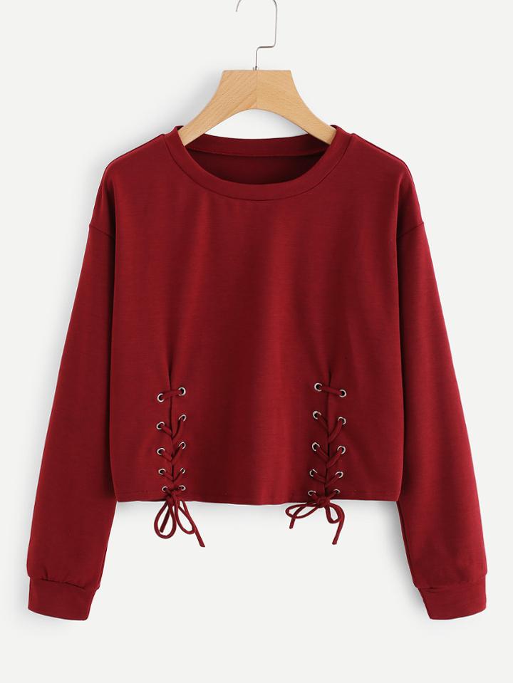 Romwe Grommet Lace Up Hem Crop Pullover