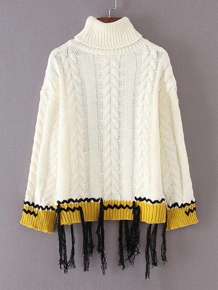 Romwe Fringe Hem Turtleneck Sweater
