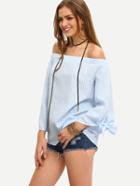 Romwe Blue Off The Shoulder Tie-cuff Sleeve Blouse