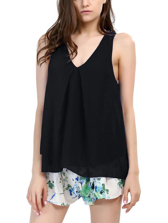 Romwe Black V Neck Chiffon Tank Top