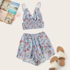 Romwe Floral Print Shirred Cami Top With Shorts