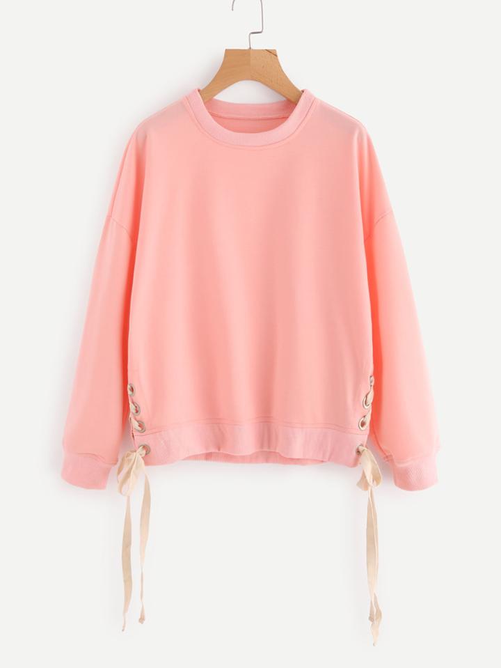 Romwe Drop Shoulder Lace Up Solid Pullover