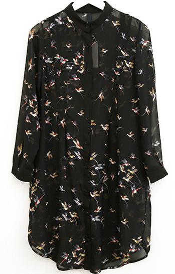 Romwe Stand Collar Birds Print Chiffon Blouse
