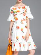 Romwe White Bell Sleeve Shaddock Print A-line Dress