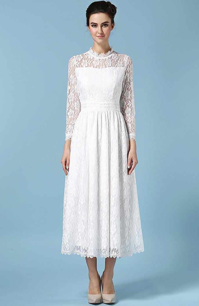 Romwe Stand Collar Sheer Lace Dress