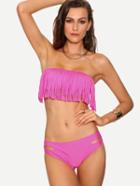 Romwe Cutout Fringe Bandeau Bikini Set - Pink