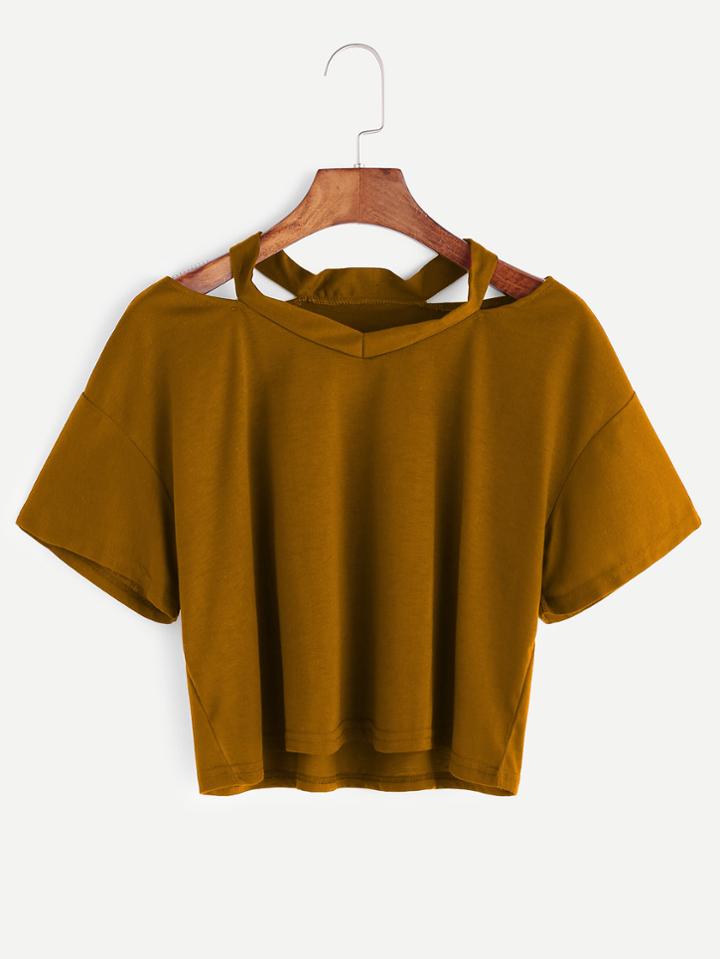 Romwe Cut Out Neckline Crop T-shirt