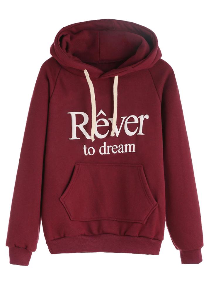 Romwe Burgundy Letter Print Raglan Sleeve Drawstring Hooded Pocket Sweatshirt