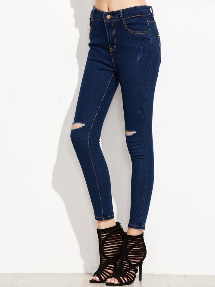 Romwe Dark Blue Knee Ripped Skinny Jeans