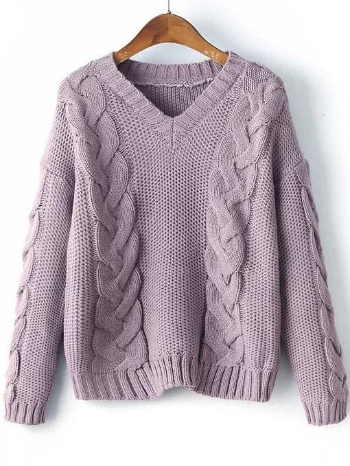 Romwe Purple Cable Knit V Neck Drop Shoulder Sweater