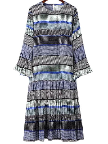 Romwe Blue Bell Sleeve Stripe Pleated Dress