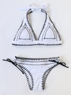 Romwe White Contrast Trim Halter Side Tie Bikini Set