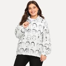 Romwe Plus Figure Print Zip Front Hoodie