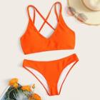 Romwe Neon Orange Lace-up Back Textured Bikini Set