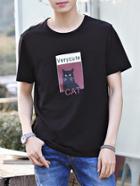 Romwe Men Cat And Letter Print Tee