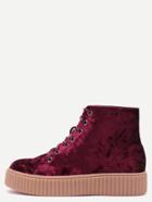 Romwe Burgundy Velvet Lace Up Rubber Sole Booties