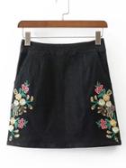 Romwe Flower Embroidery Denim Skirt