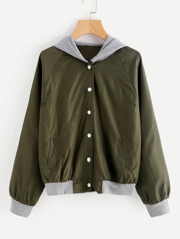 Romwe Contrast Trim Hooded Single Breasted Jacket