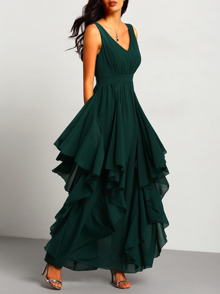 Romwe Green Deep V Neck Maxi Chiffon Dress