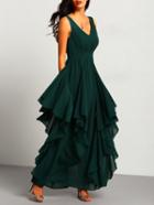 Romwe Green Deep V Neck Maxi Chiffon Dress