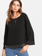 Romwe Pearl Embellished Trim Solid Top