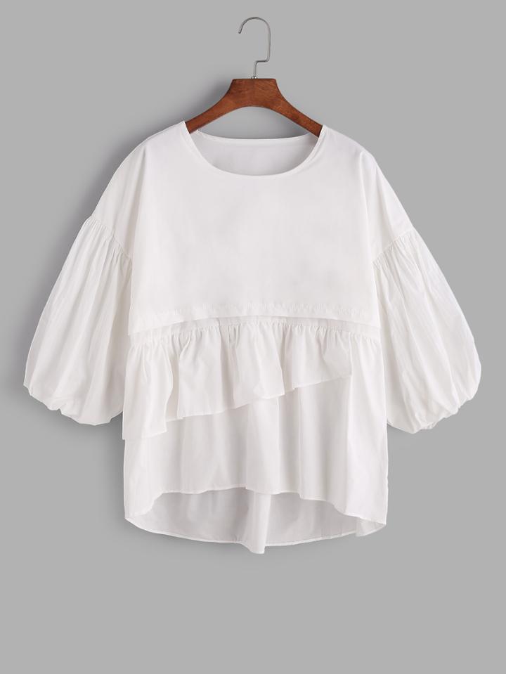 Romwe White Lantern Sleeve Ruffle Trim High Low Top