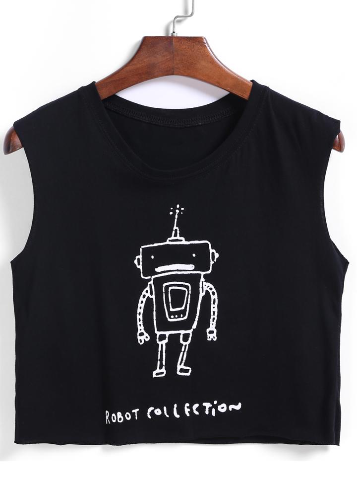 Romwe Robot Print Black Tank Top