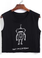 Romwe Robot Print Black Tank Top