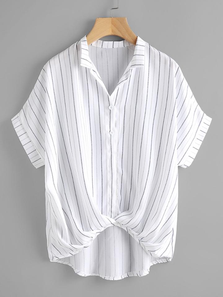 Romwe Striped Pleated Gathered Hem Dip Hem Blouse